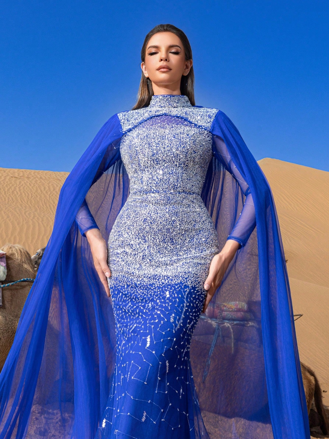 Luxury Gorgeous Mock Neck Mermaid Hem Beaded Formal Cape Dresses & Evening Gowns