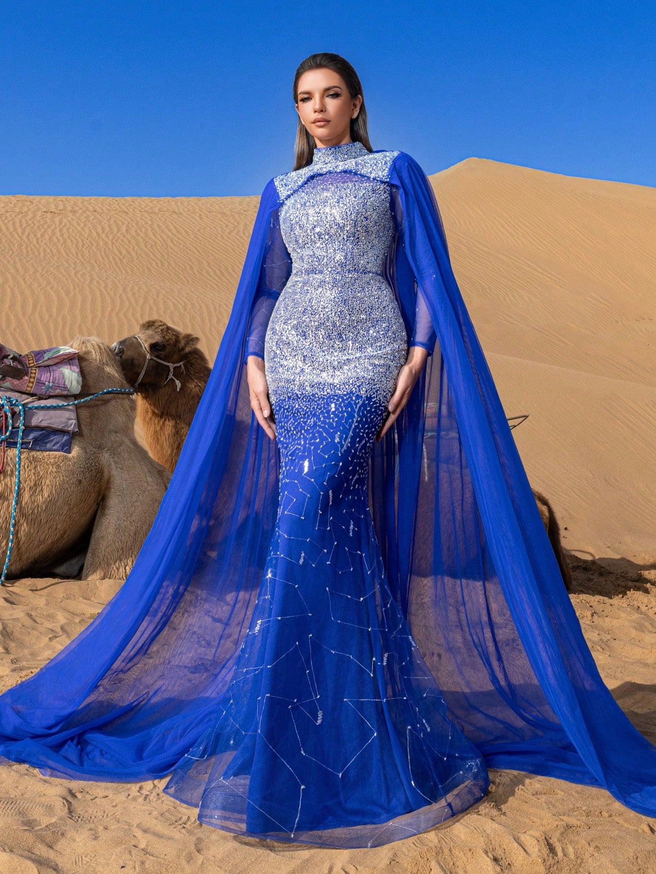 Luxury Gorgeous Mock Neck Mermaid Hem Beaded Formal Cape Dresses & Evening Gowns
