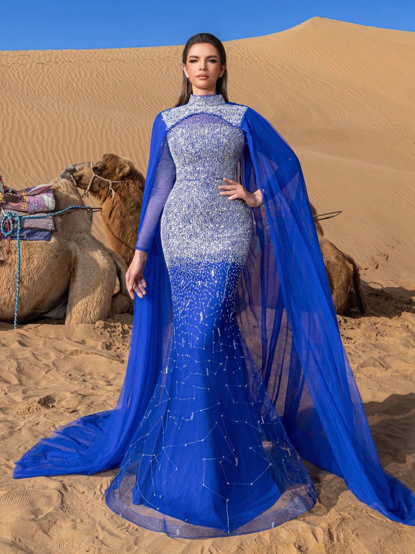 Luxury Gorgeous Mock Neck Mermaid Hem Beaded Formal Cape Dresses & Evening Gowns