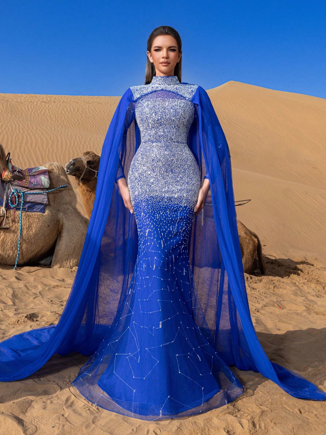 Luxury Gorgeous Mock Neck Mermaid Hem Beaded Formal Cape Dresses & Evening Gowns