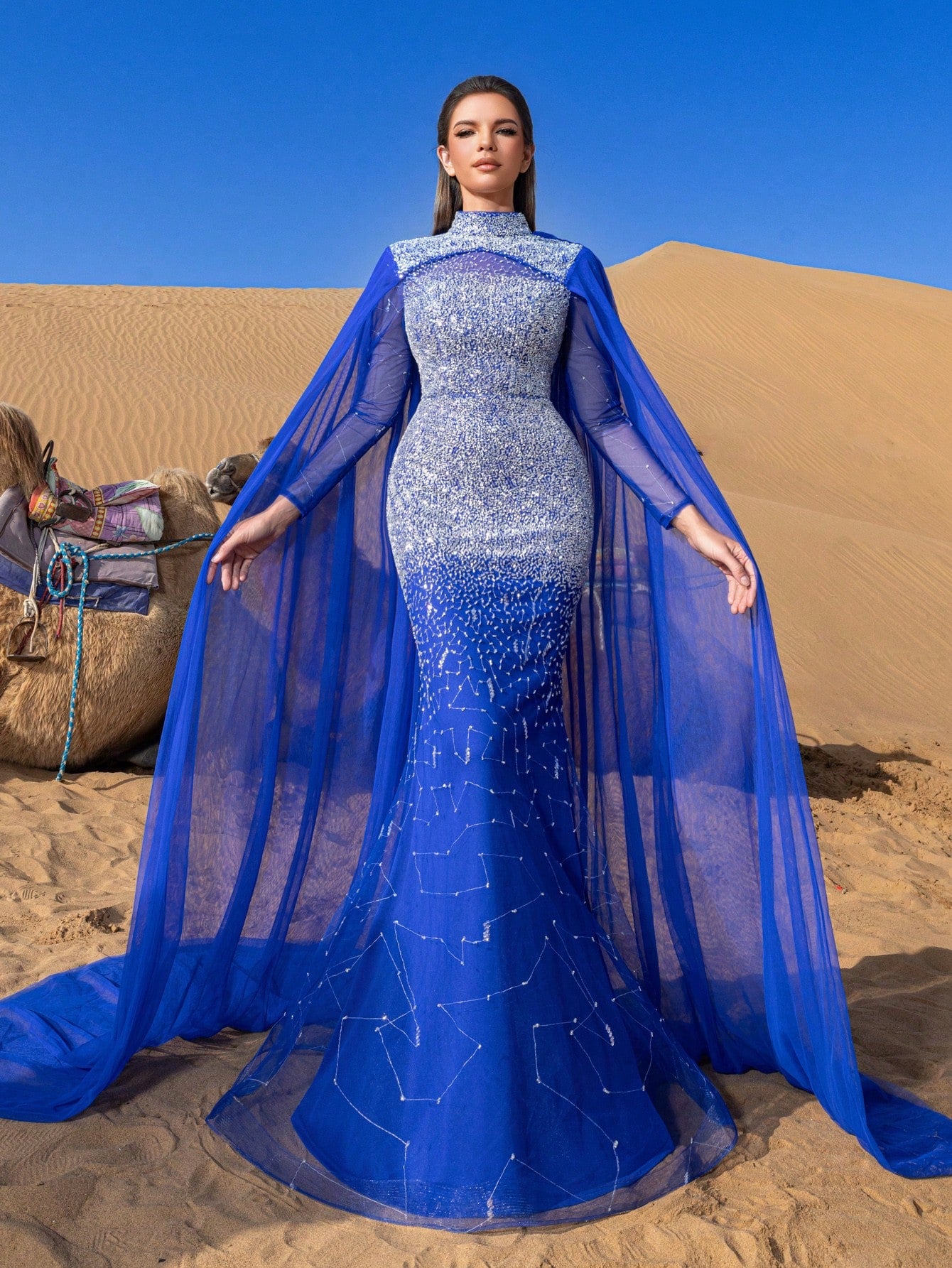 Luxury Gorgeous Mock Neck Mermaid Hem Beaded Formal Cape Dresses & Evening Gowns