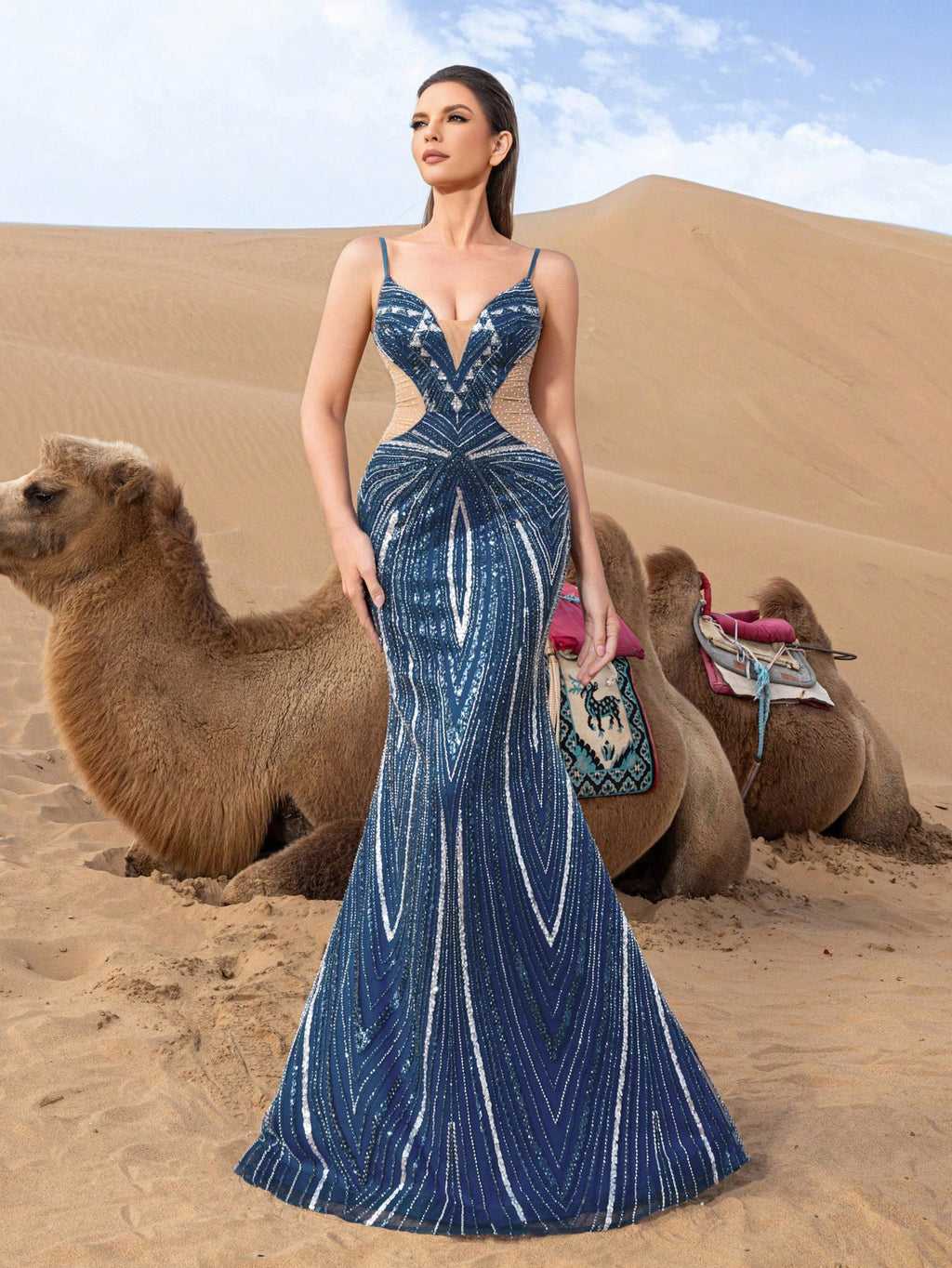 Gorgeous Contrast Rhinestone Detail Sheer Mesh Graphic Beaded Formal Cami Dresses & Evening Gowns