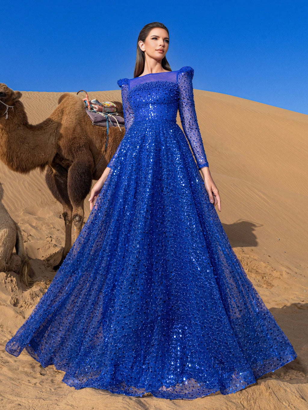Elegant Pearl Embellished Sheer Sleeves Sequin Beaded Formal Party Dress & Evening Gowns