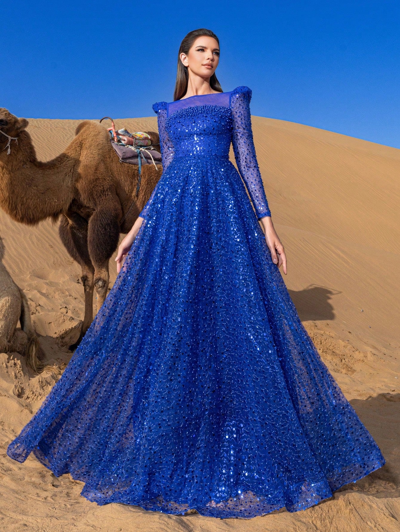 Elegant Pearl Embellished Sheer Sleeves Sequin Beaded Formal Party Dress & Evening Gowns