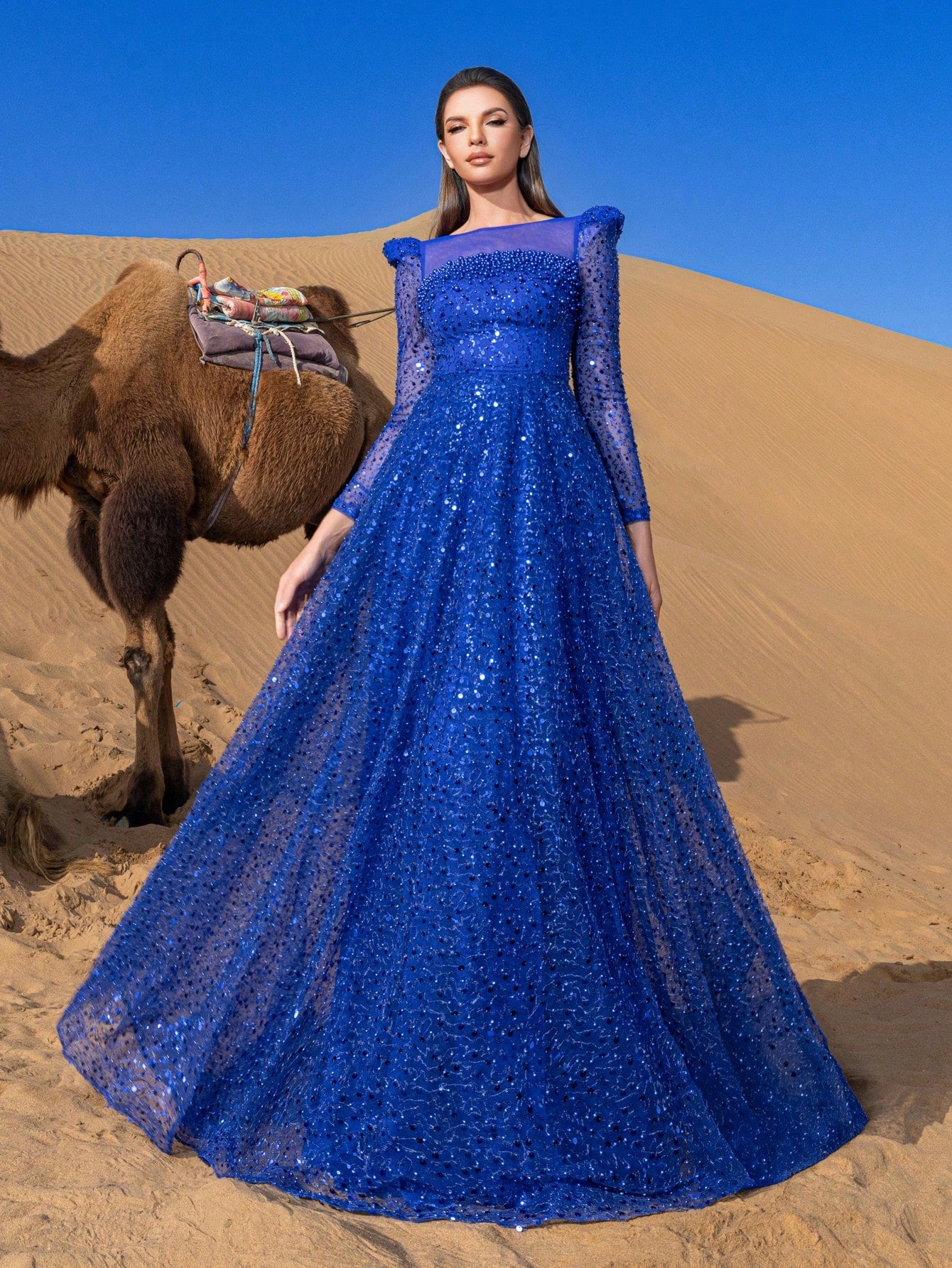 Elegant Pearl Embellished Sheer Sleeves Sequin Beaded Formal Party Dress & Evening Gowns