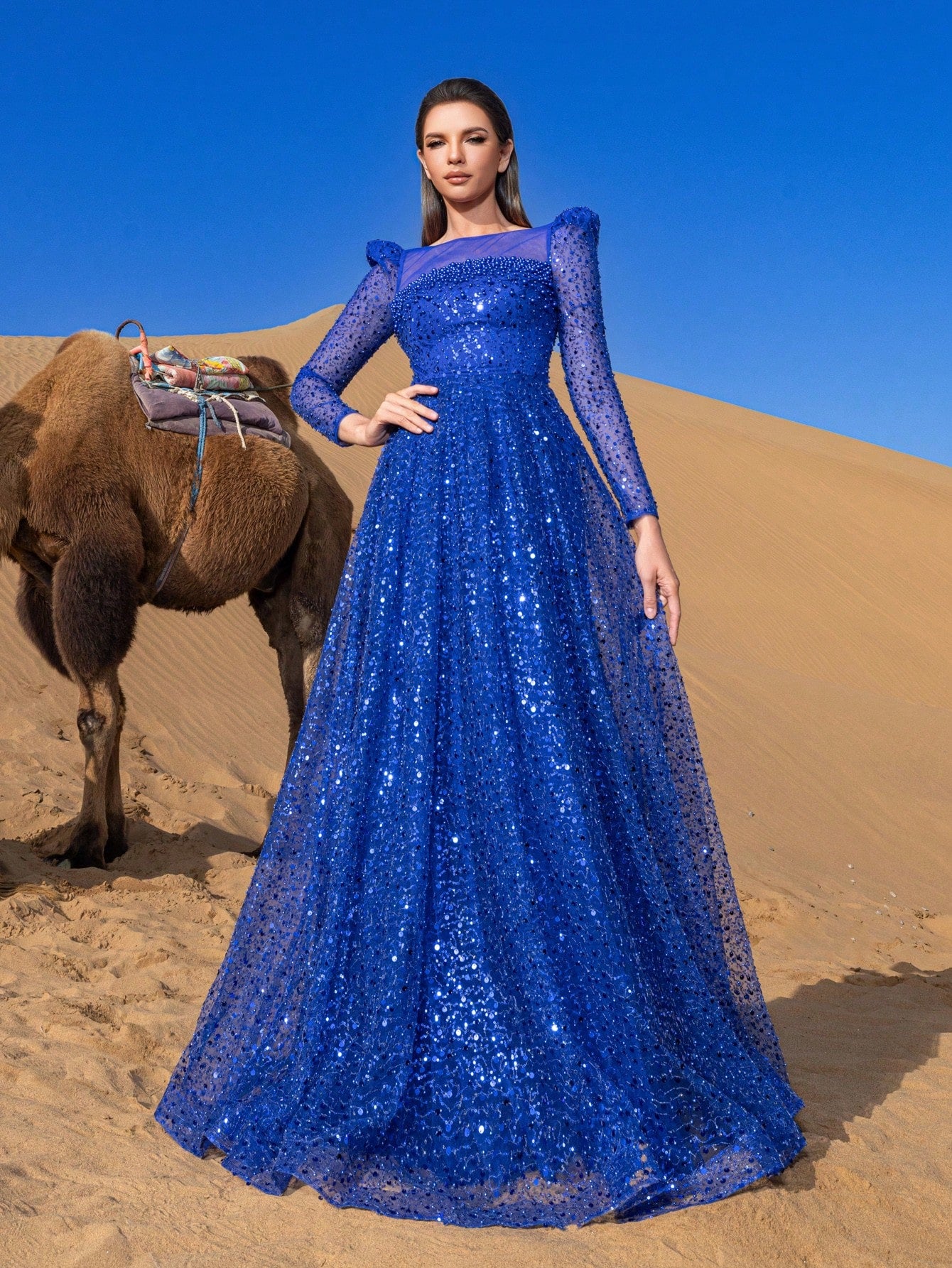 Elegant Pearl Embellished Sheer Sleeves Sequin Beaded Formal Party Dress & Evening Gowns