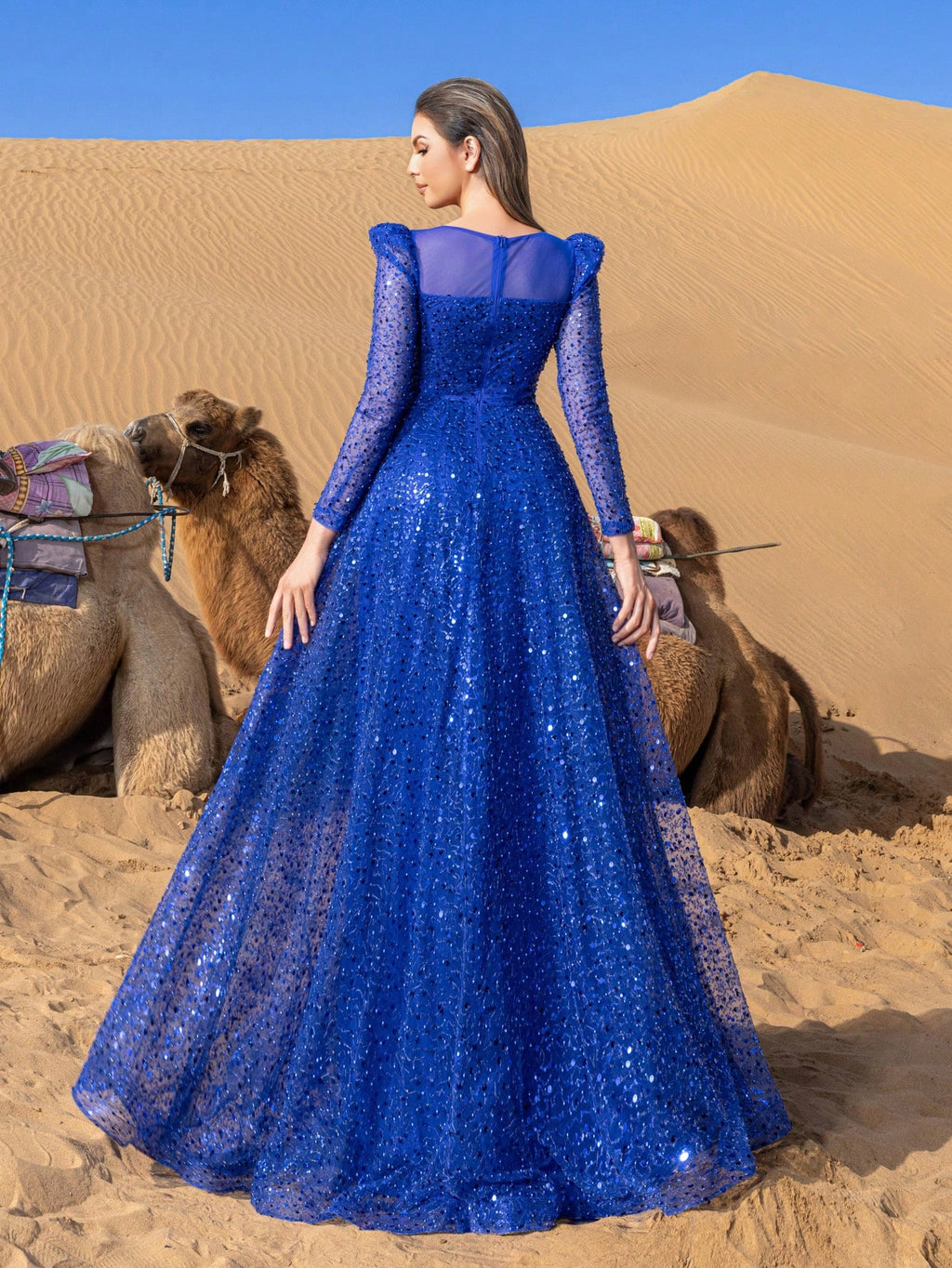 Elegant Pearl Embellished Sheer Sleeves Sequin Beaded Formal Party Dress & Evening Gowns