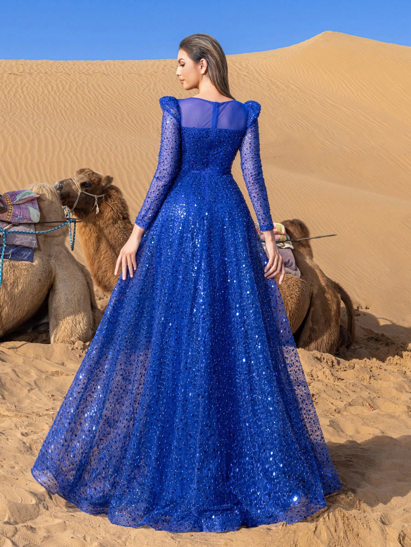 Elegant Pearl Embellished Sheer Sleeves Sequin Beaded Formal Party Dress & Evening Gowns