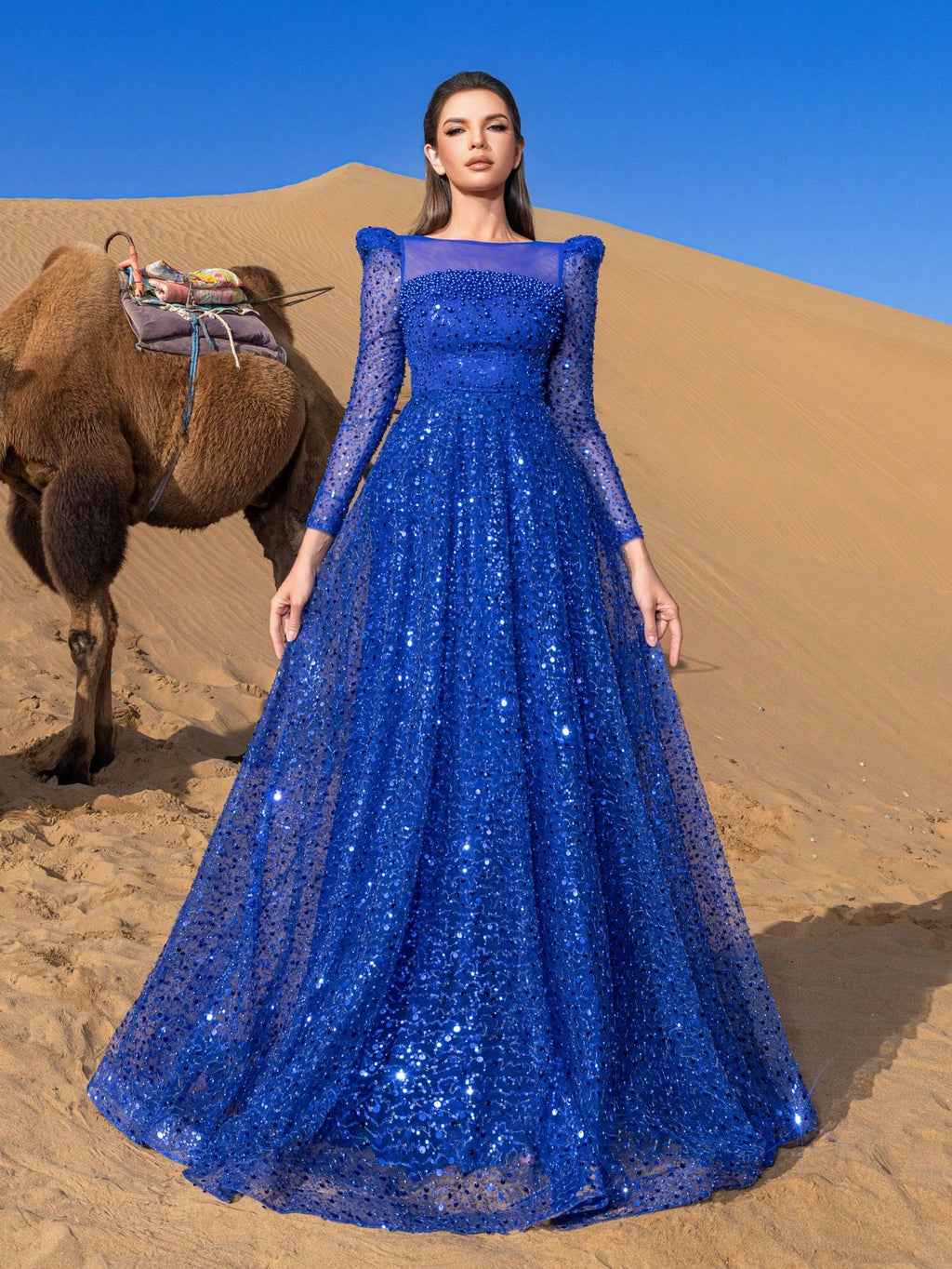 Elegant Pearl Embellished Sheer Sleeves Sequin Beaded Formal Party Dress & Evening Gowns