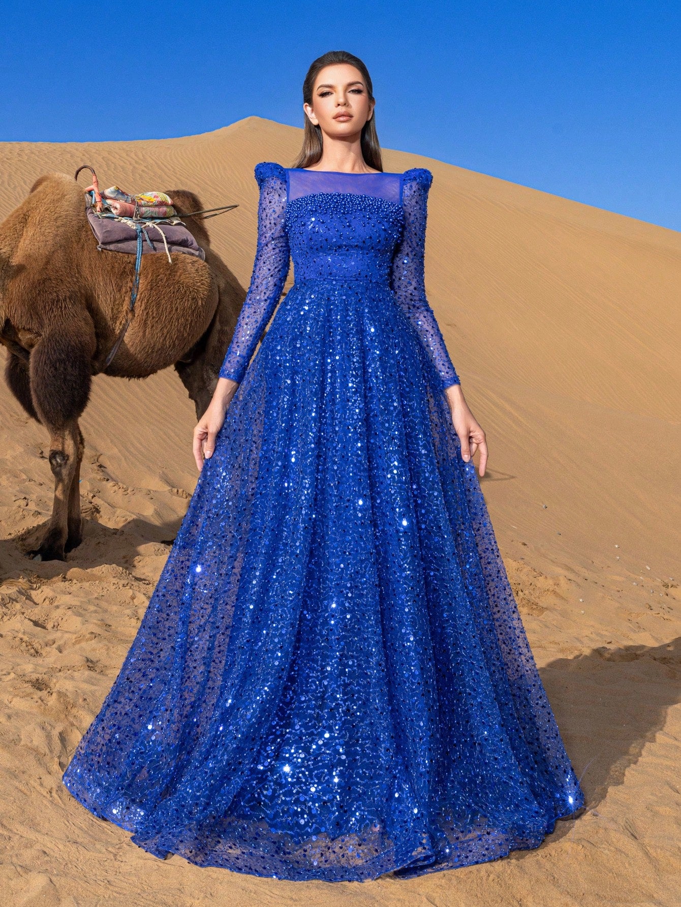 Elegant Pearl Embellished Sheer Sleeves Sequin Beaded Formal Party Dress & Evening Gowns