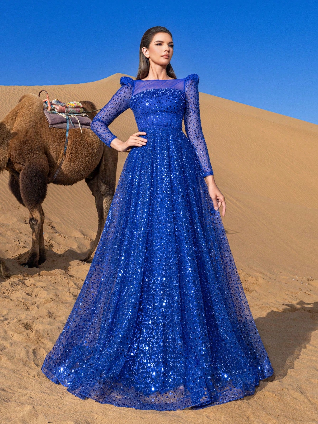 Elegant Pearl Embellished Sheer Sleeves Sequin Beaded Formal Party Dress & Evening Gowns