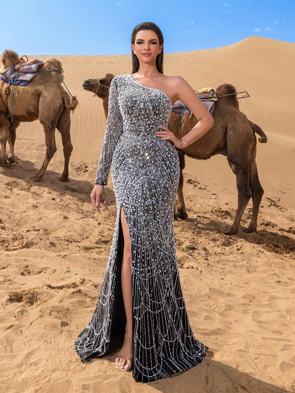Elegant One-Shoulder Mermaid Evening Gown with Thigh Split & Pearl Bead Embellishments