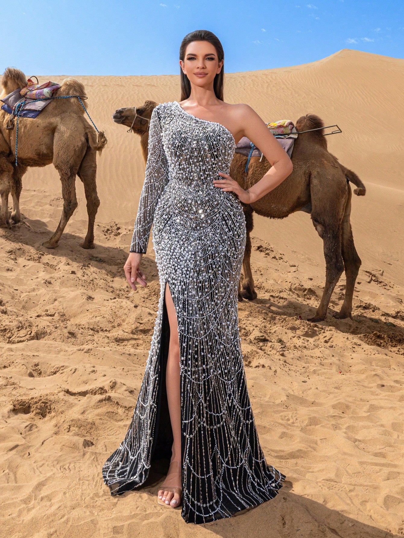 Elegant One-Shoulder Mermaid Evening Gown with Thigh Split & Pearl Bead Embellishments