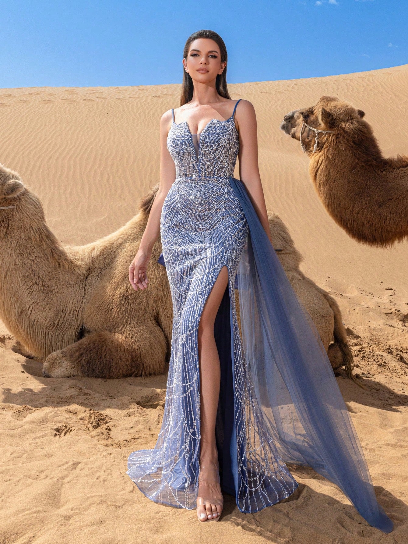 Gorgeous Split Thigh Mermaid Hem Beaded Formal Cami Dresses & Evening Gowns