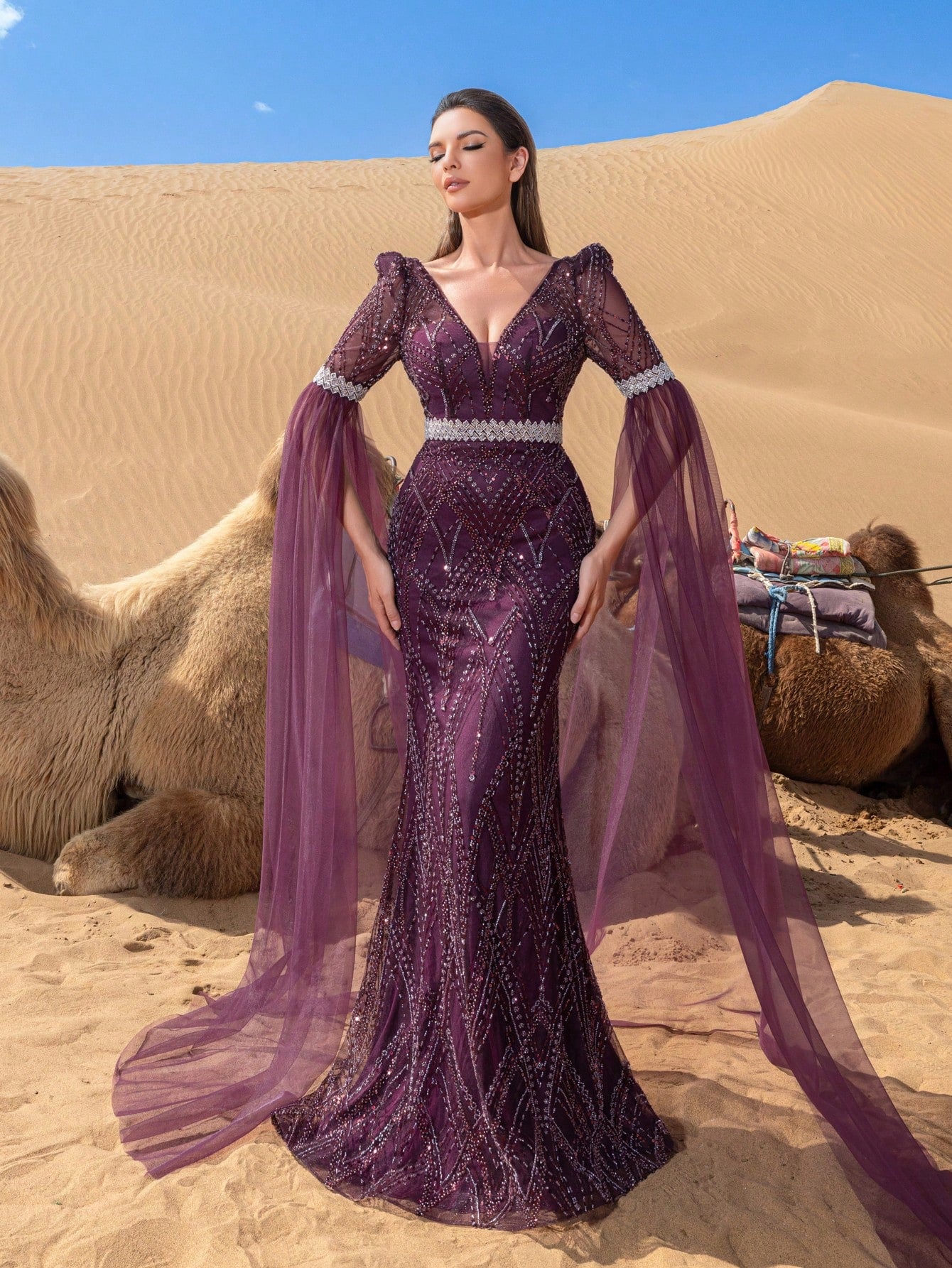 Luxury Plunging Neck Extra-Long Graphic Sequin Beaded Formal Dresses & Evening Gowns