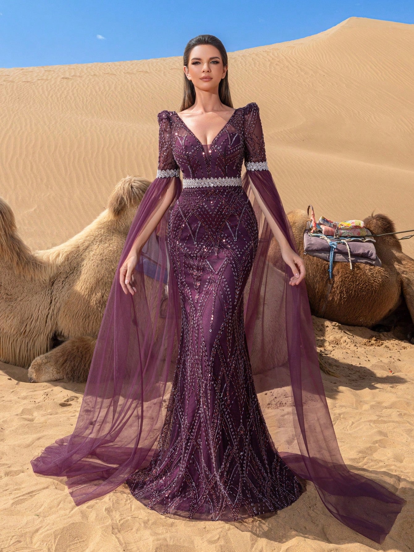 Luxury Plunging Neck Extra-Long Graphic Sequin Beaded Formal Dresses & Evening Gowns