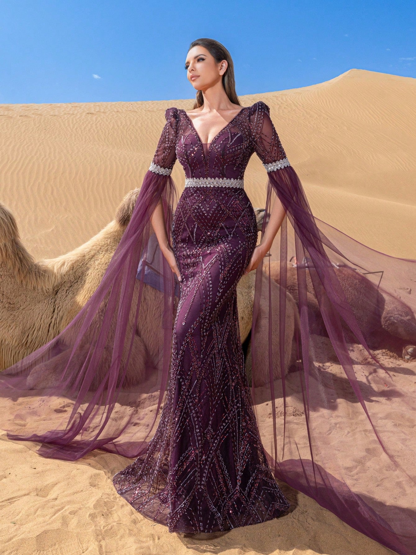 Luxury Plunging Neck Extra-Long Graphic Sequin Beaded Formal Dresses & Evening Gowns