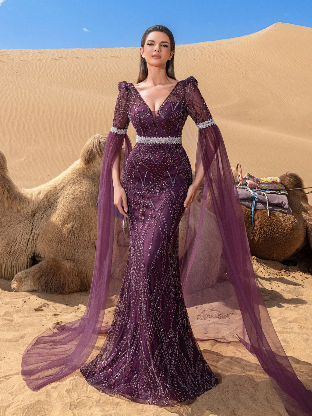 Luxury Plunging Neck Extra-Long Graphic Sequin Beaded Formal Dresses & Evening Gowns