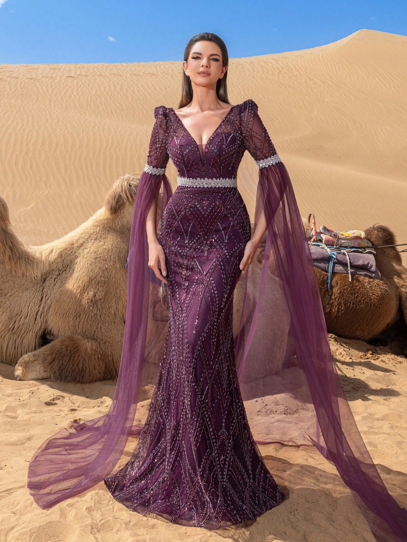 Luxury Plunging Neck Extra-Long Graphic Sequin Beaded Formal Dresses & Evening Gowns
