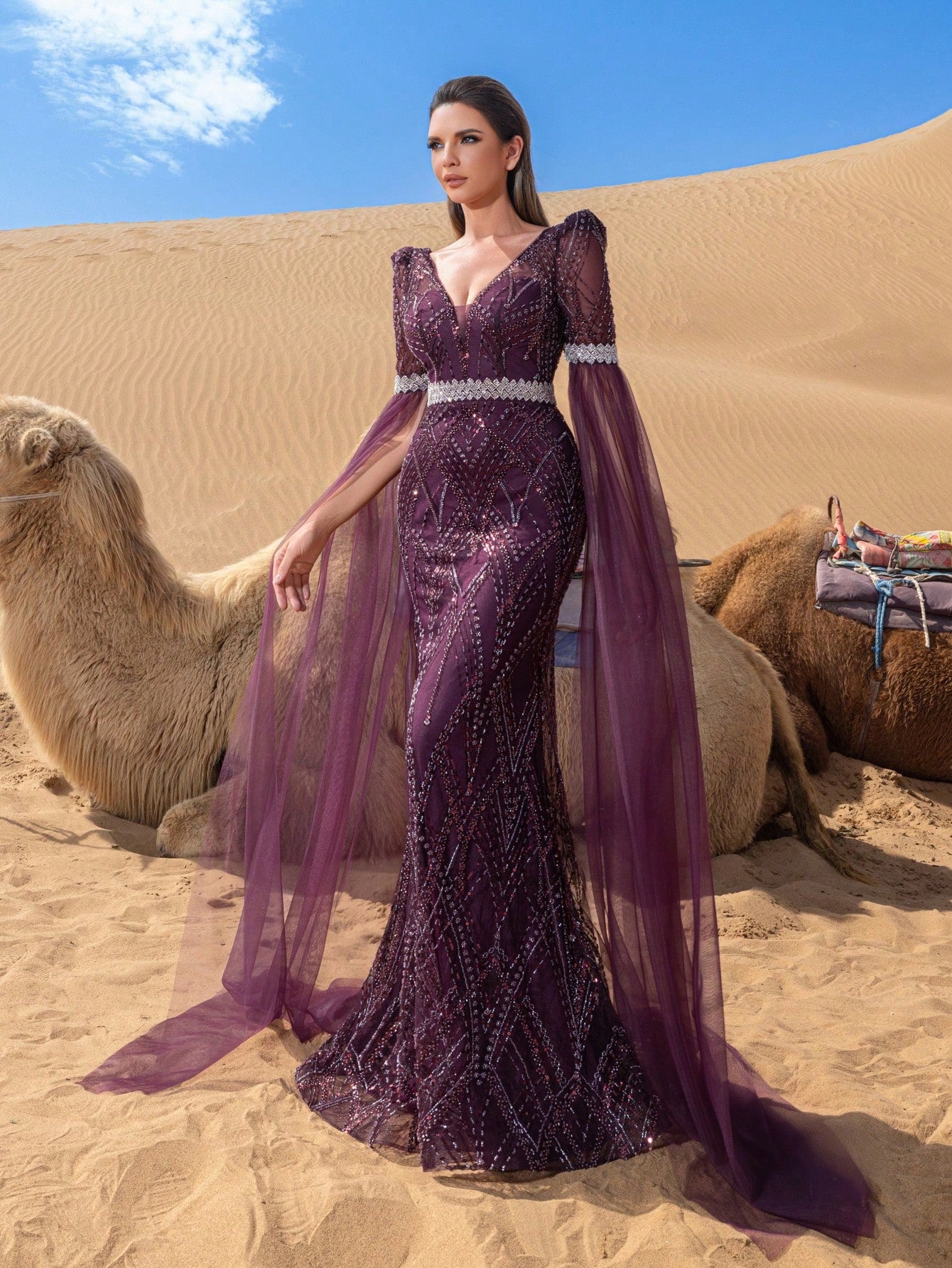 Luxury Plunging Neck Extra-Long Graphic Sequin Beaded Formal Dresses & Evening Gowns