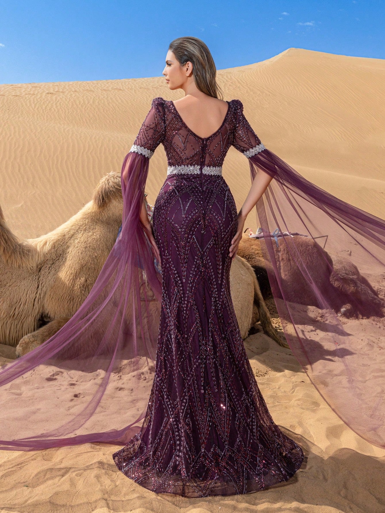 Luxury Plunging Neck Extra-Long Graphic Sequin Beaded Formal Dresses & Evening Gowns