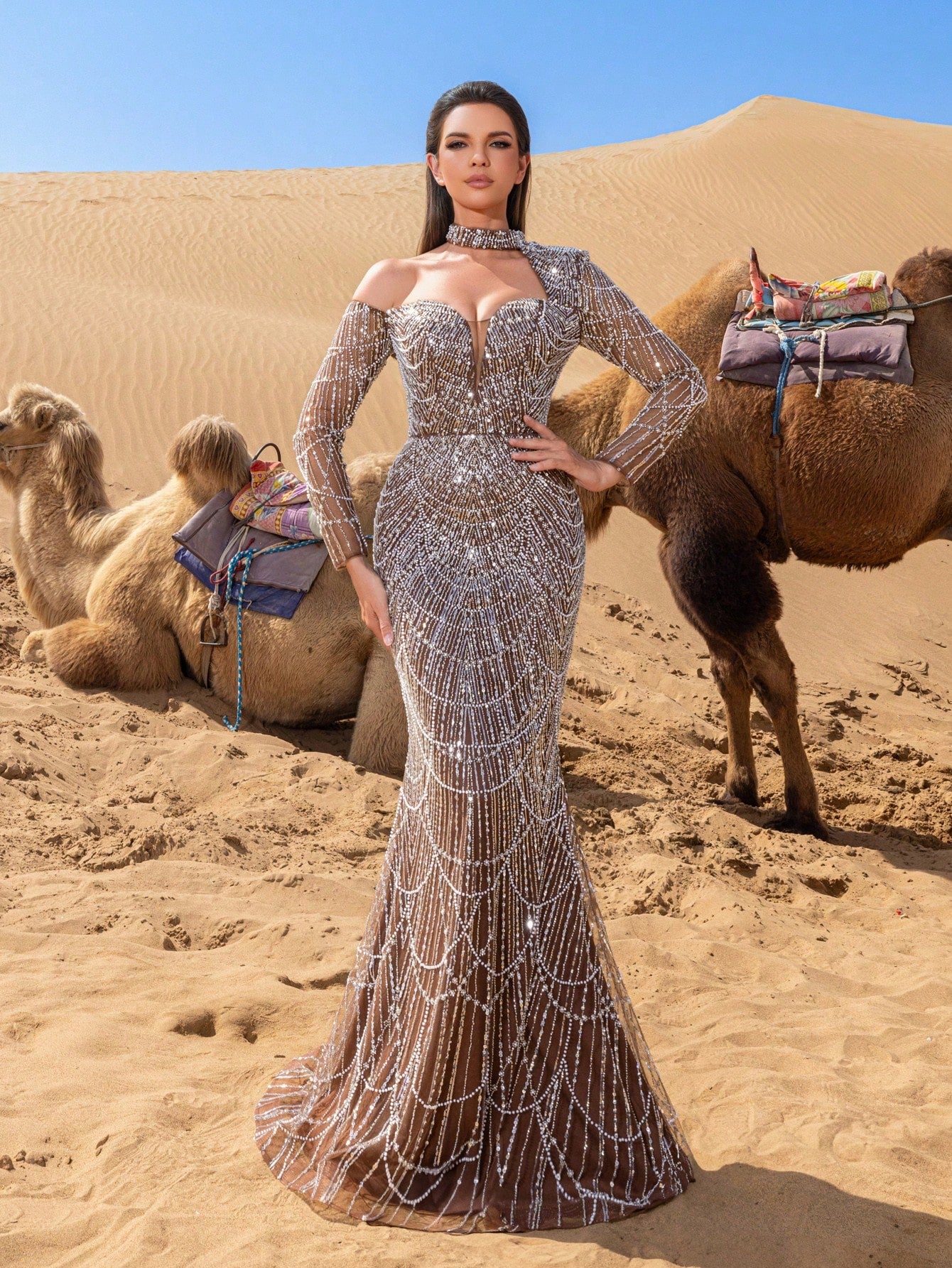 Glamorous Beaded Sequin Mermaid Gown with One-Shoulder Choker & Sheer Sleeves