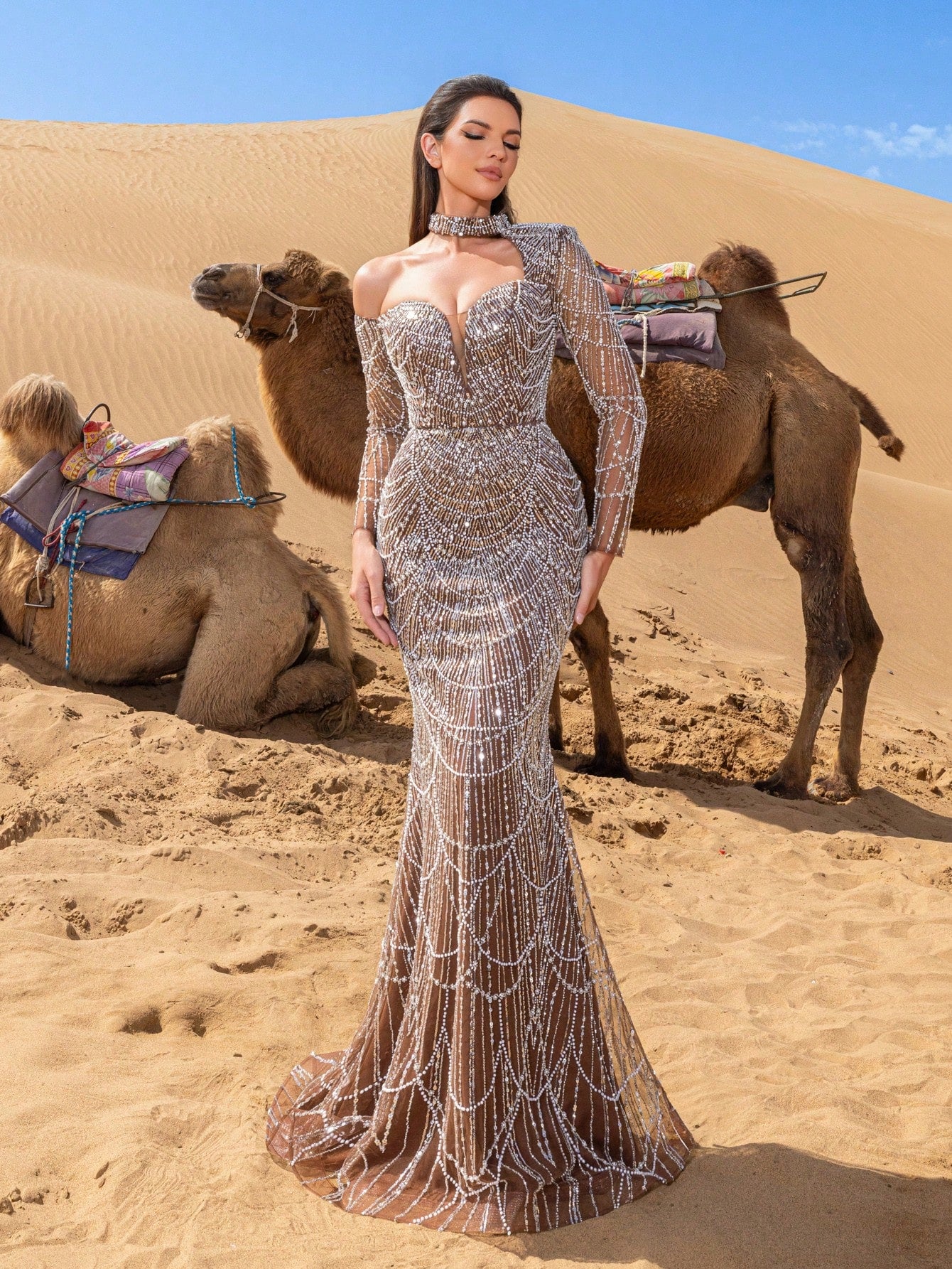 Glamorous Beaded Sequin Mermaid Gown with One-Shoulder Choker & Sheer Sleeves