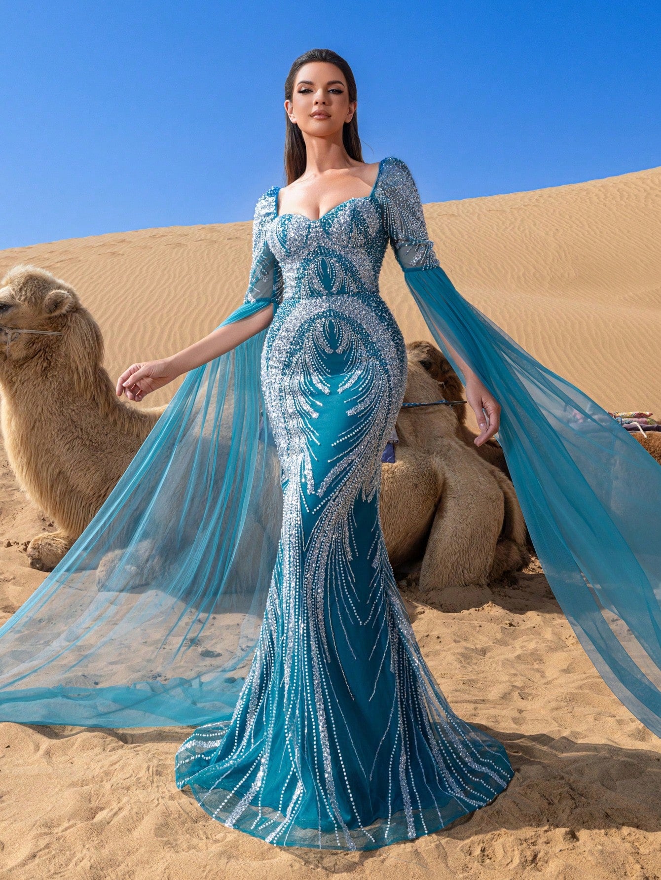 Gorgeous Sweetheart Neck Extra-Long Sleeves Graphic Sequin Beaded Formal Dresses & Evening Gowns