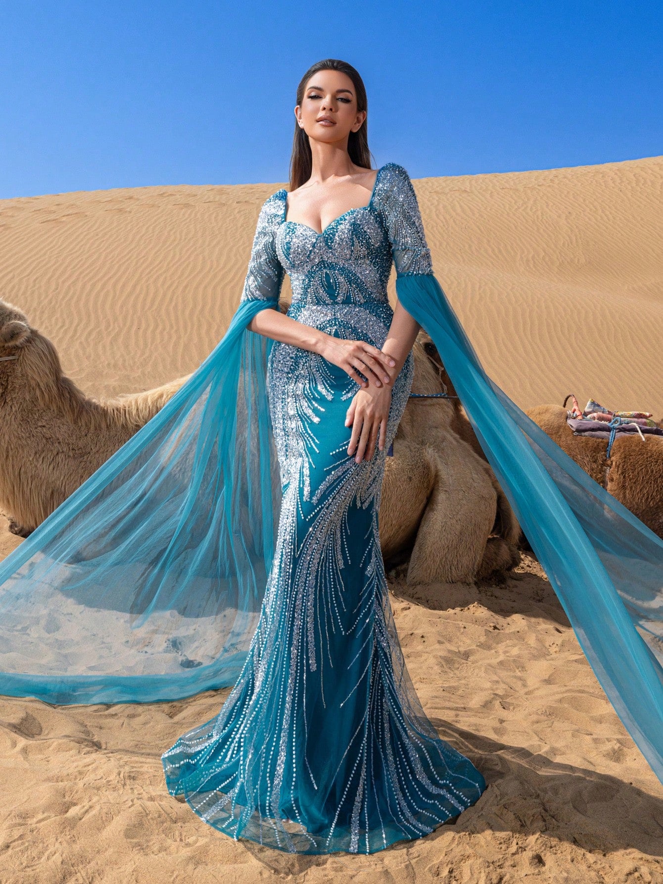 Gorgeous Sweetheart Neck Extra-Long Sleeves Graphic Sequin Beaded Formal Dresses & Evening Gowns