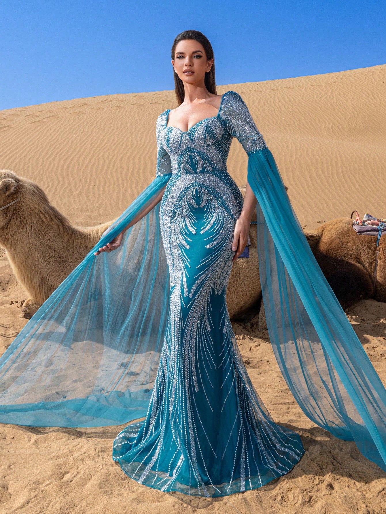 Gorgeous Sweetheart Neck Extra-Long Sleeves Graphic Sequin Beaded Formal Dresses & Evening Gowns
