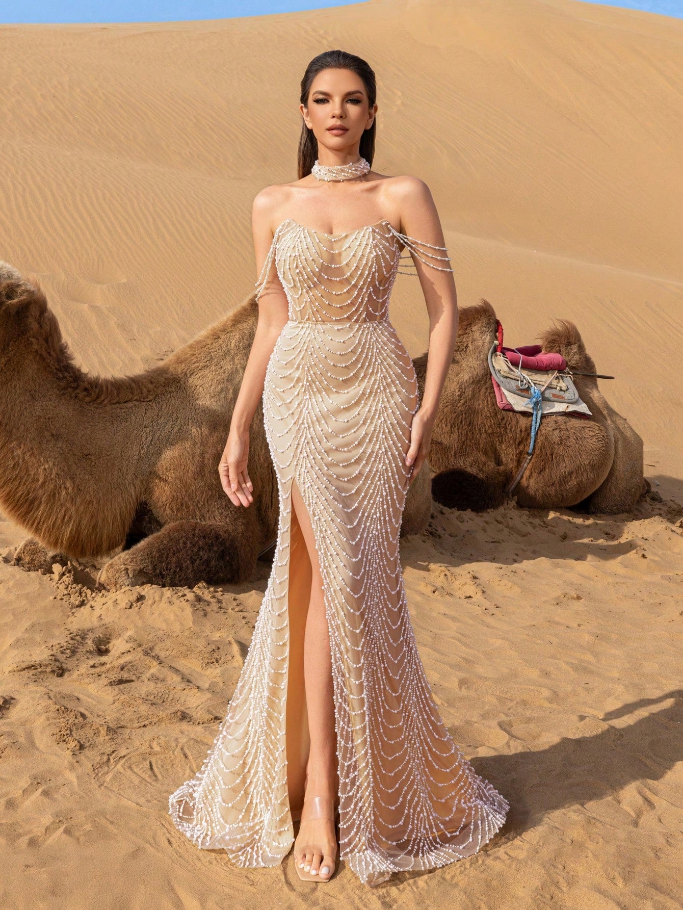 Gorgeous Strapless Pearl Embellished Mermaid Hem Beaded Formal Dresses & Evening Gowns