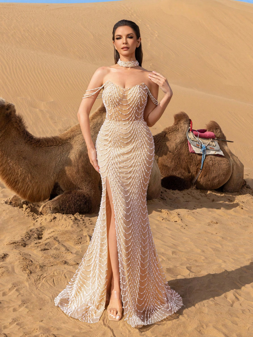 Gorgeous Strapless Pearl Embellished Mermaid Hem Beaded Formal Dresses & Evening Gowns
