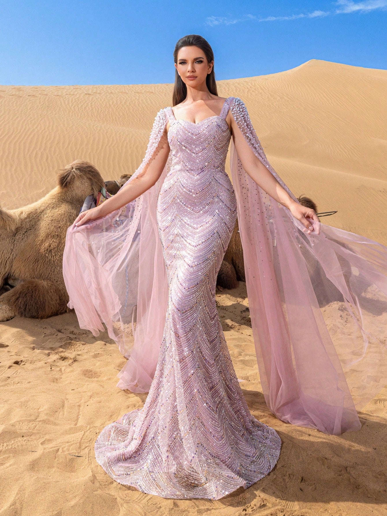 Luxury Sweetheart Neck Pearl Embellished Cape Sleeves Mermaid Hem Beaded Formal Dresses & Evening Gowns