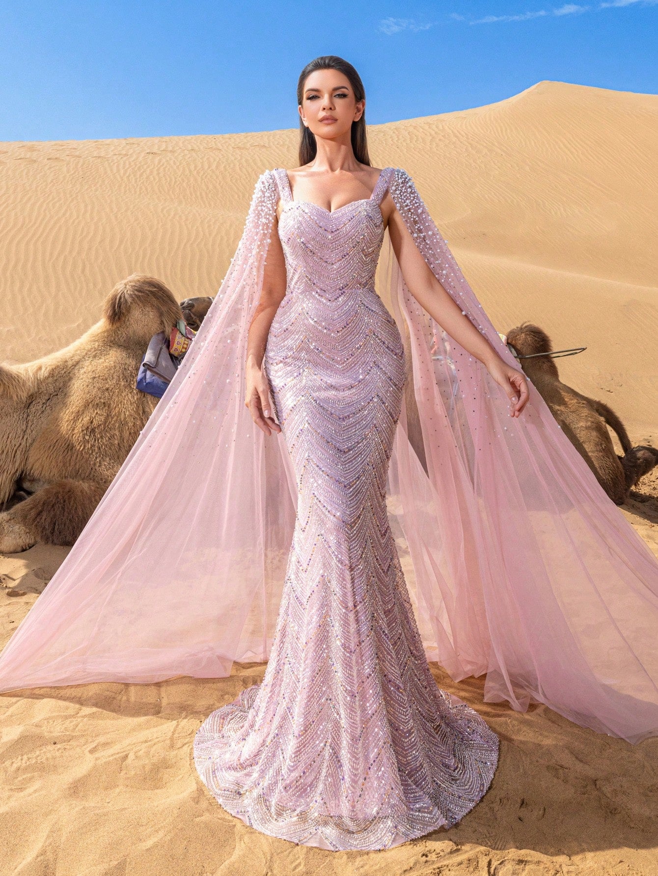 Luxury Sweetheart Neck Pearl Embellished Cape Sleeves Mermaid Hem Beaded Formal Dresses & Evening Gowns