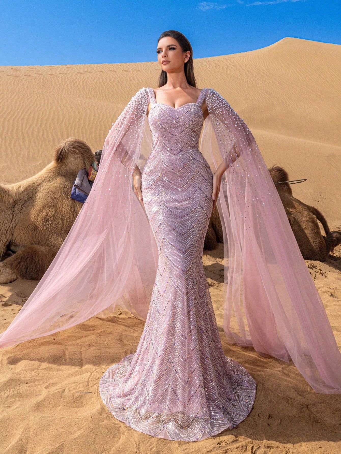 Luxury Sweetheart Neck Pearl Embellished Cape Sleeves Mermaid Hem Beaded Formal Dresses & Evening Gowns
