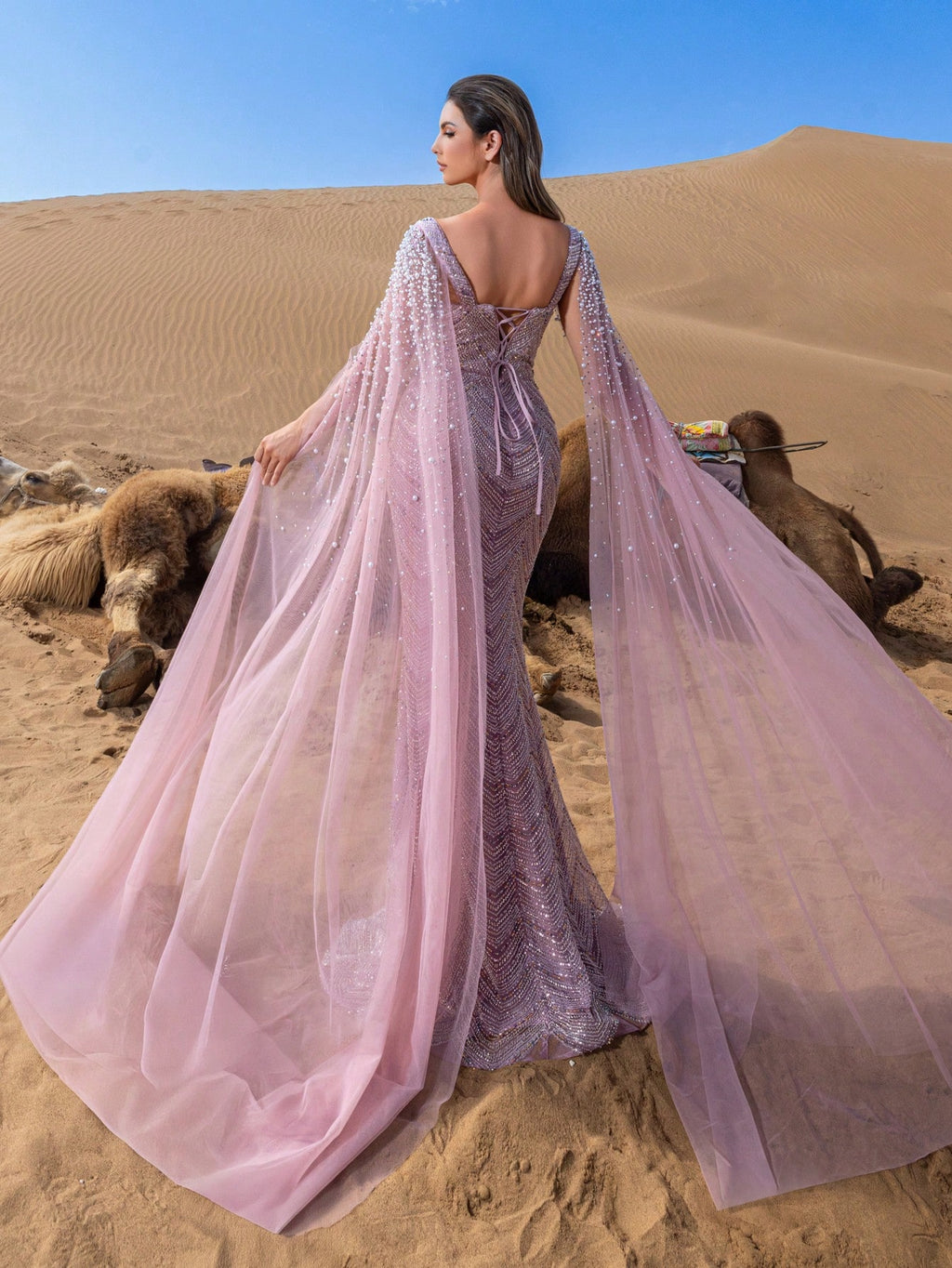 Luxury Sweetheart Neck Pearl Embellished Cape Sleeves Mermaid Hem Beaded Formal Dresses & Evening Gowns