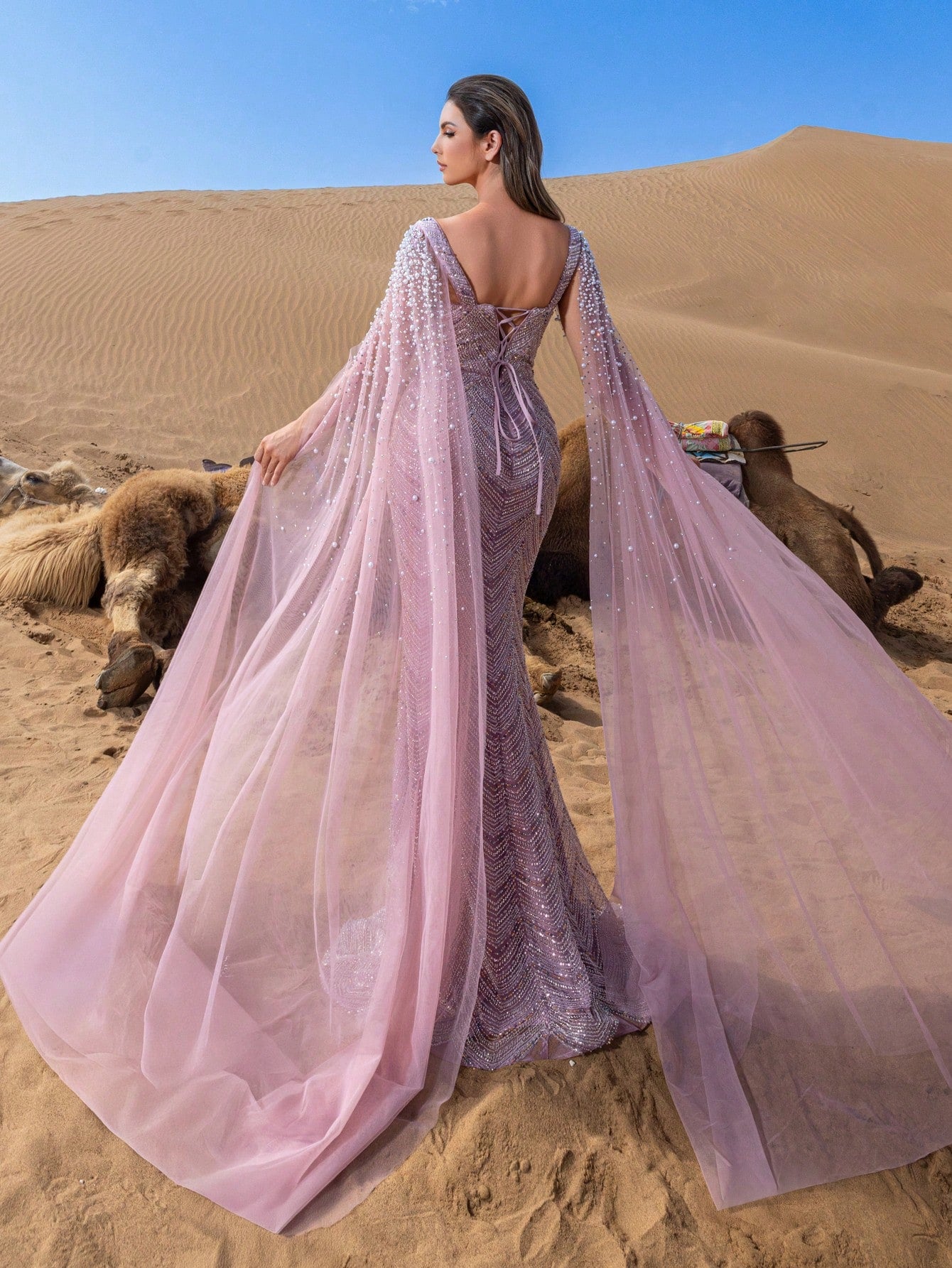 Luxury Sweetheart Neck Pearl Embellished Cape Sleeves Mermaid Hem Beaded Formal Dresses & Evening Gowns