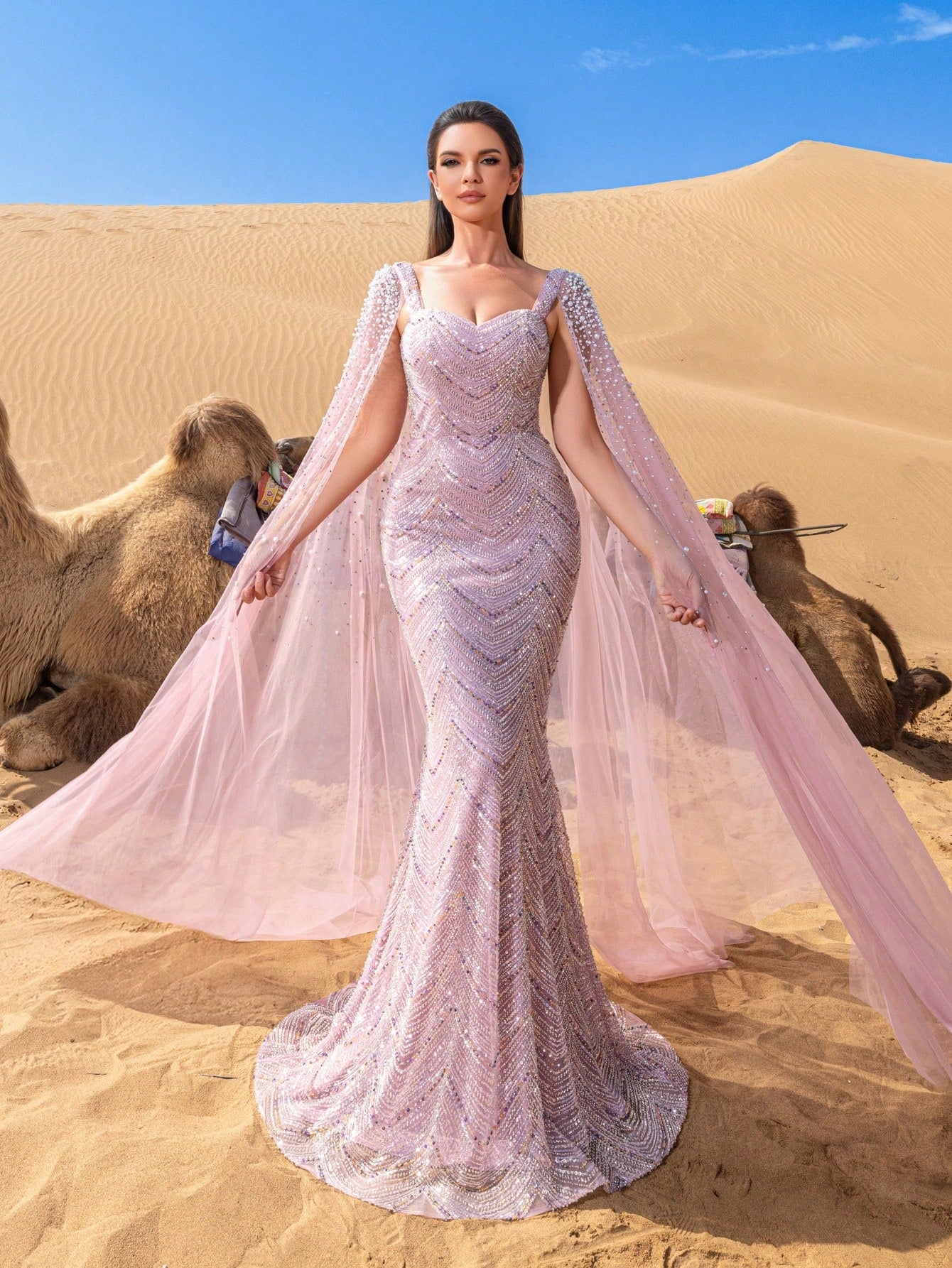 Luxury Sweetheart Neck Pearl Embellished Cape Sleeves Mermaid Hem Beaded Formal Dresses & Evening Gowns