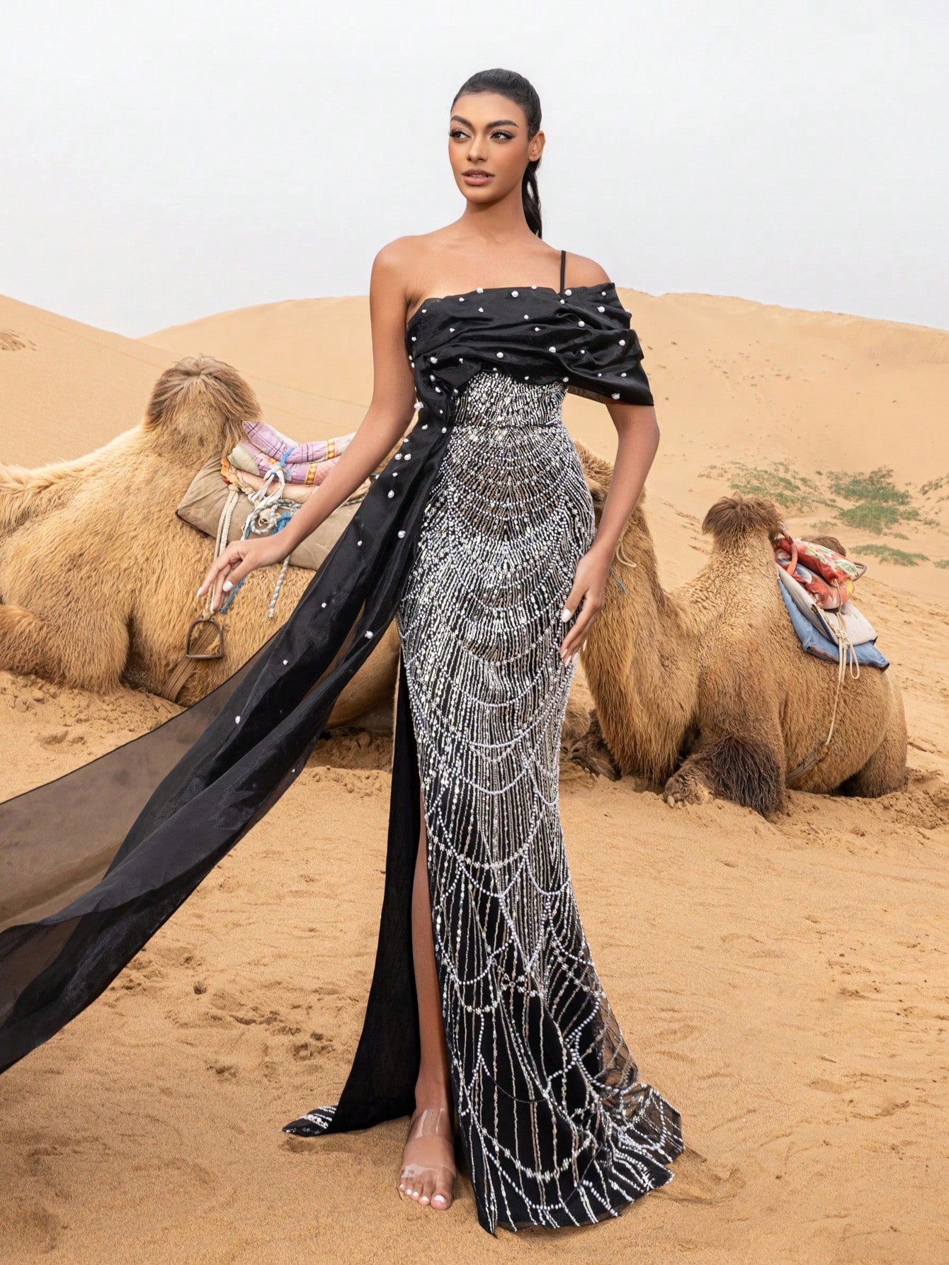 Elegant Asymmetrical Neck Mermaid Hem Beaded Formal Dresses & Evening Gowns
