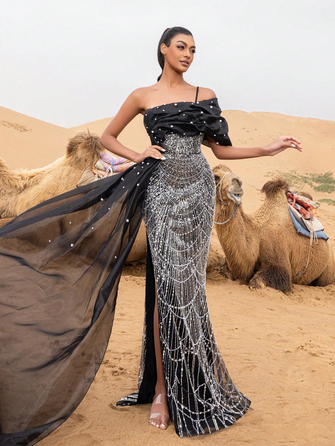 Elegant Asymmetrical Neck Mermaid Hem Beaded Formal Dresses & Evening Gowns