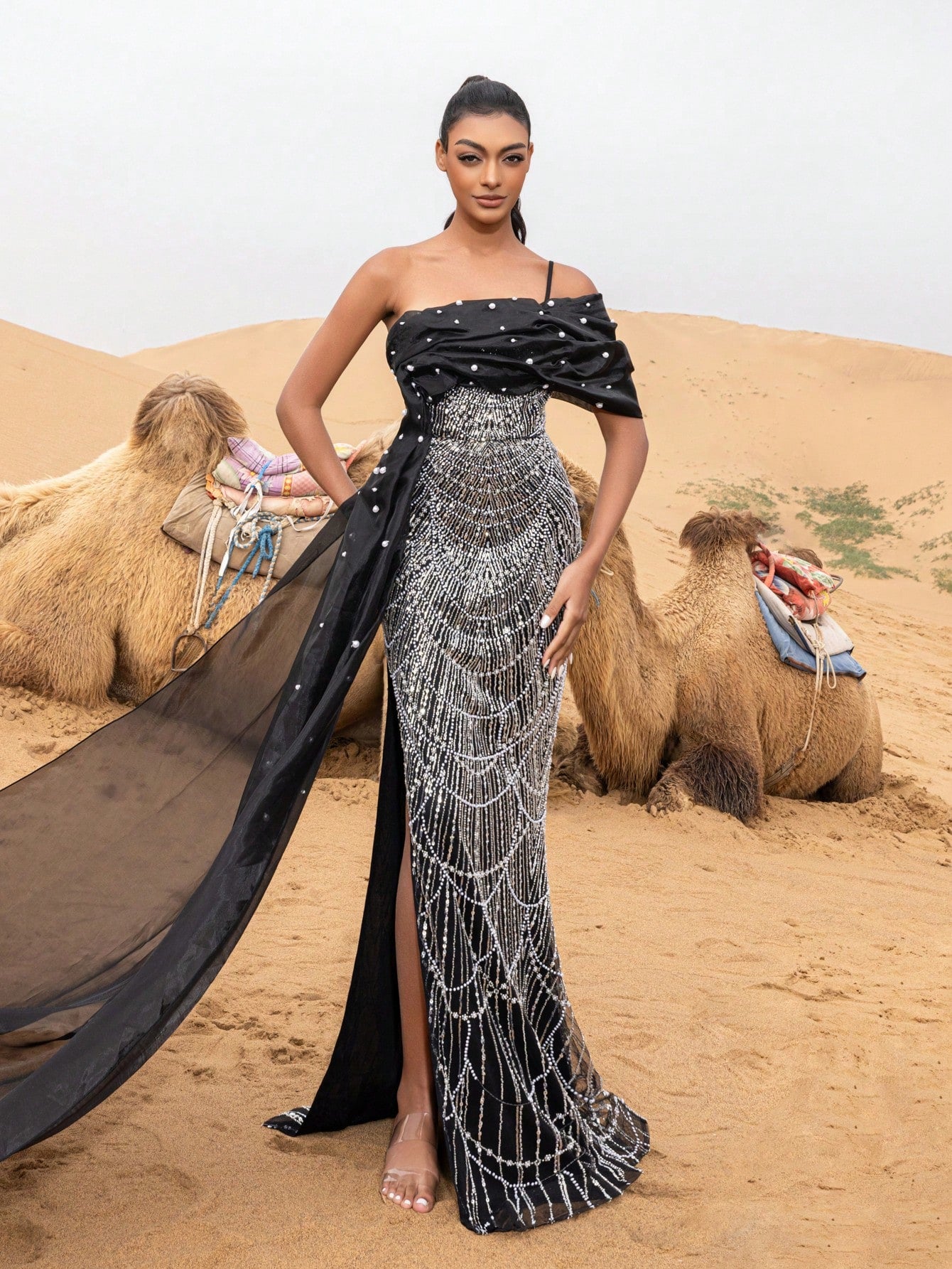 Elegant Asymmetrical Neck Mermaid Hem Beaded Formal Dresses & Evening Gowns