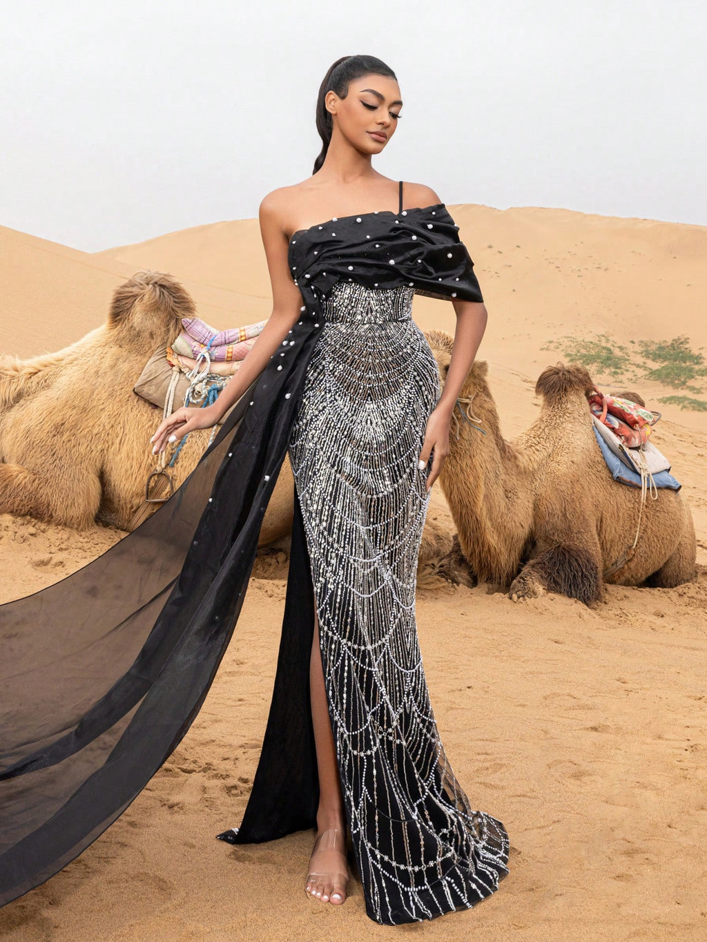 Elegant Asymmetrical Neck Mermaid Hem Beaded Formal Dresses & Evening Gowns