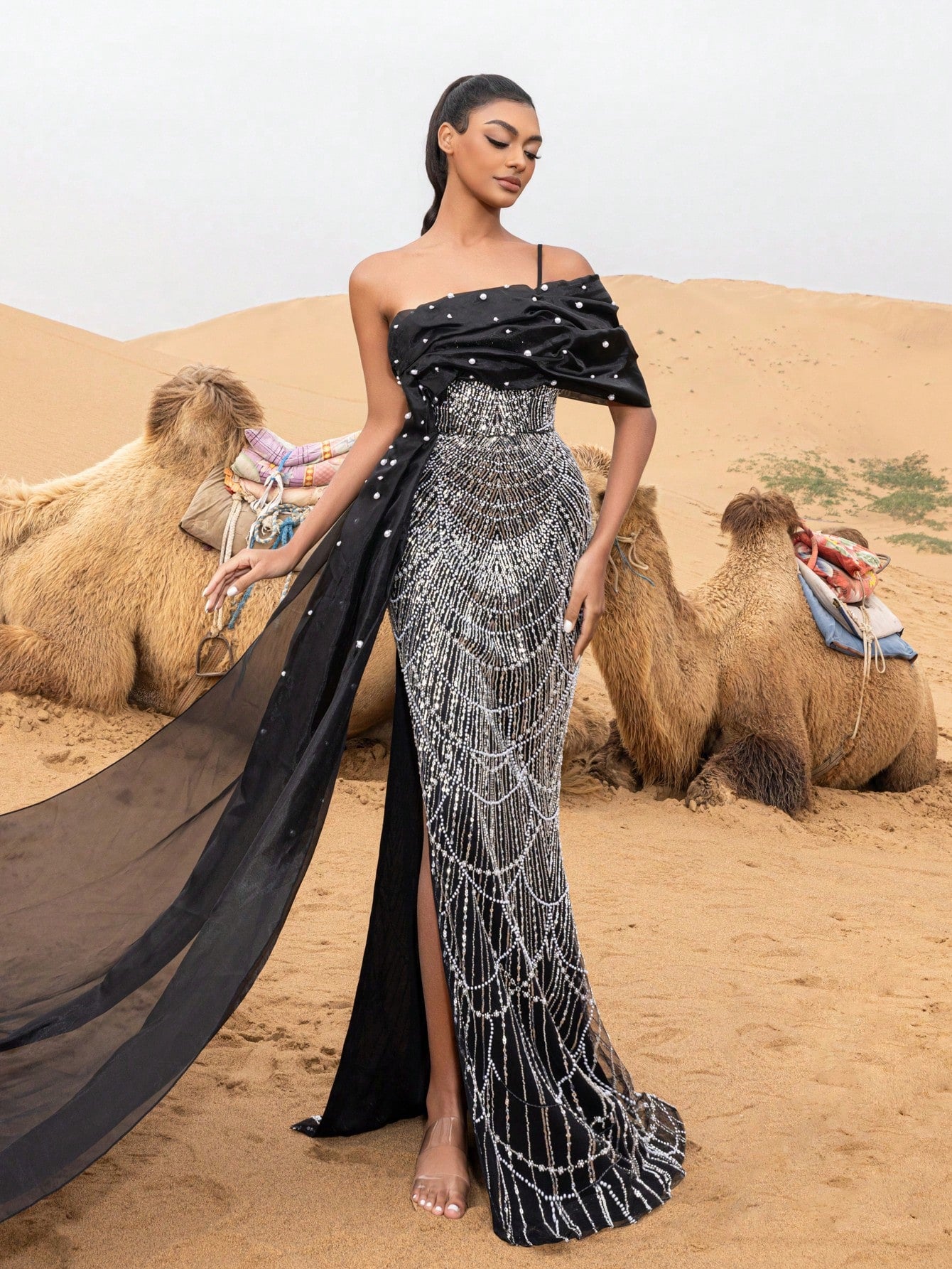Elegant Asymmetrical Neck Mermaid Hem Beaded Formal Dresses & Evening Gowns