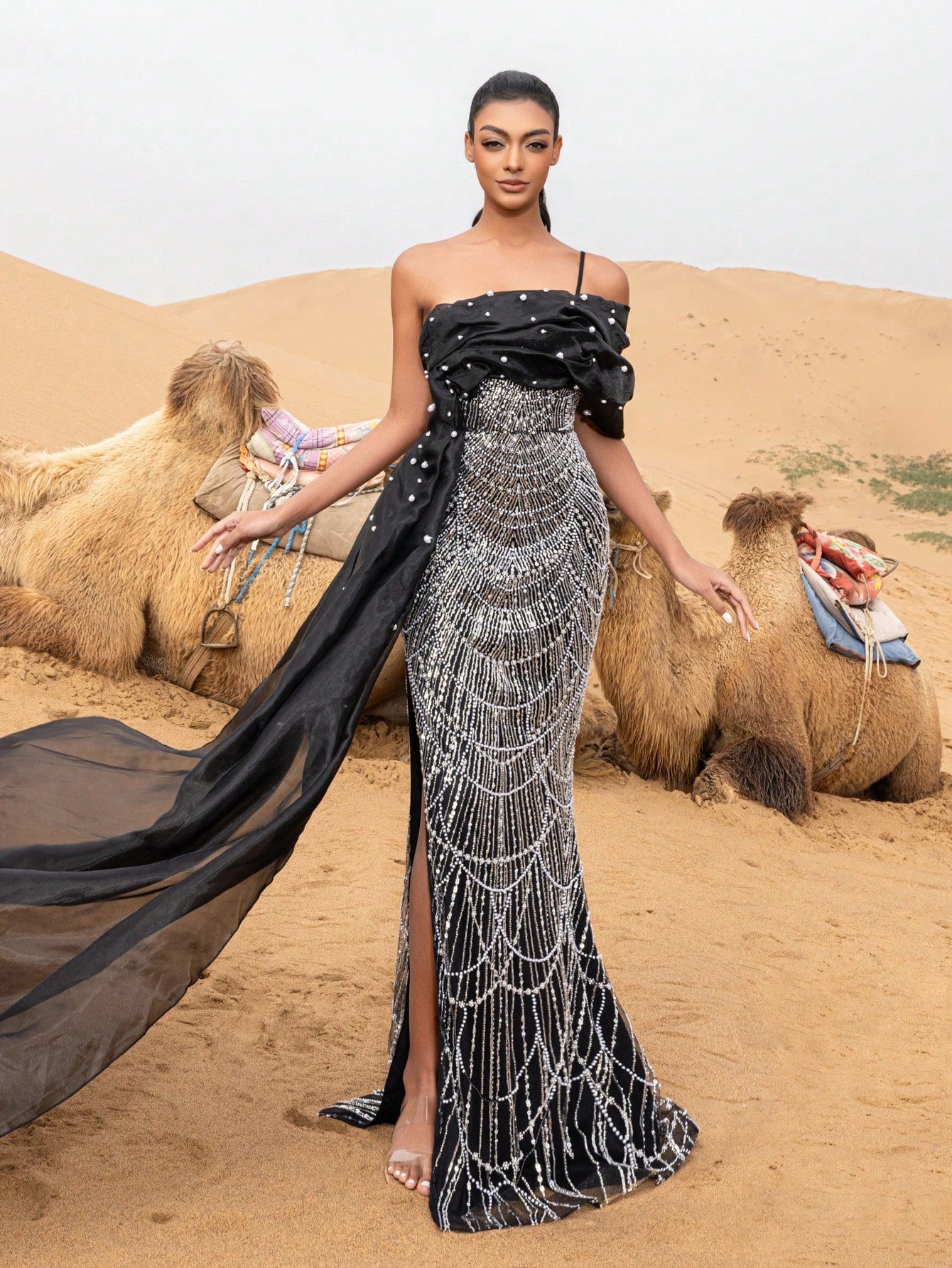 Elegant Asymmetrical Neck Mermaid Hem Beaded Formal Dresses & Evening Gowns