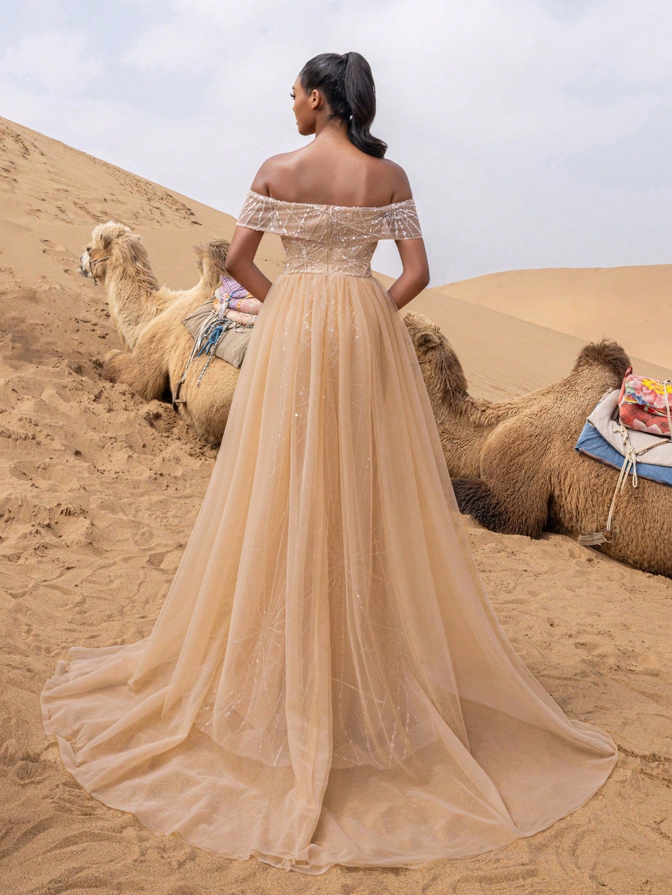 Luxury Off Shoulder Mesh Overlay Split Thigh Beaded Formal Dresses & Evening Gowns