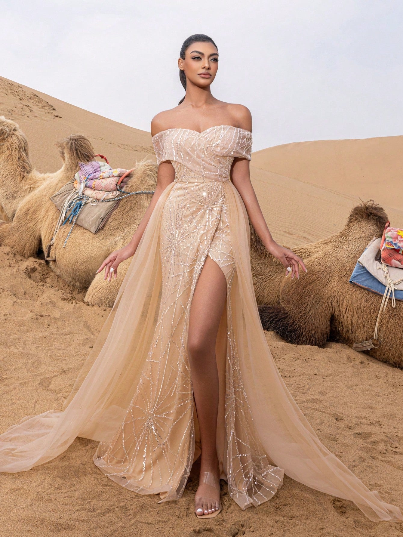 Luxury Off Shoulder Mesh Overlay Split Thigh Beaded Formal Dresses & Evening Gowns