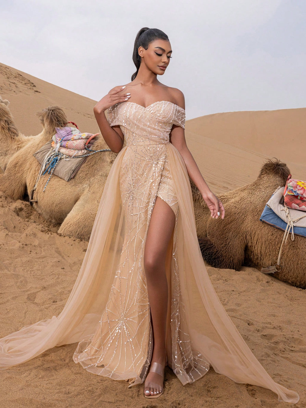 Luxury Off Shoulder Mesh Overlay Split Thigh Beaded Formal Dresses & Evening Gowns