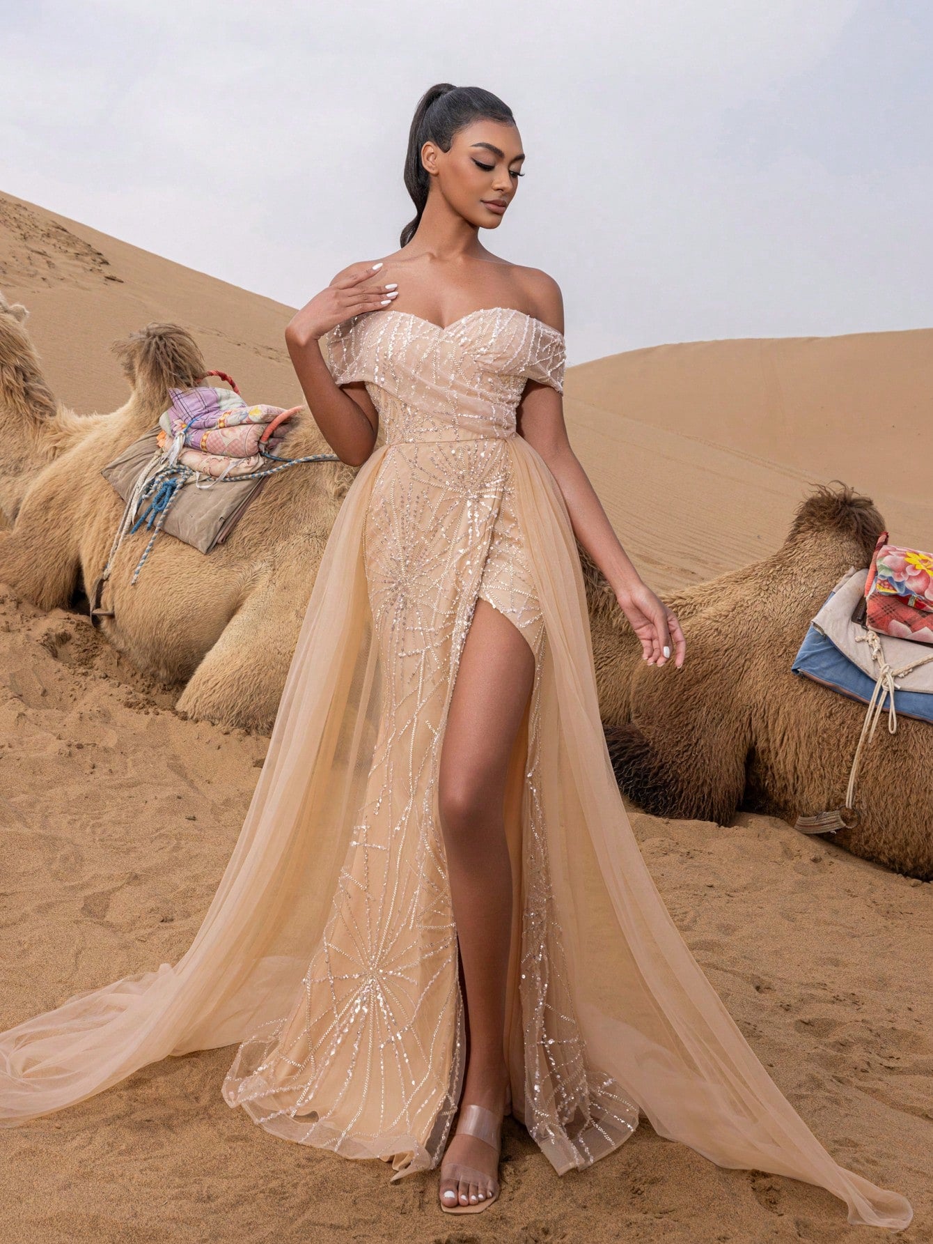 Luxury Off Shoulder Mesh Overlay Split Thigh Beaded Formal Dresses & Evening Gowns