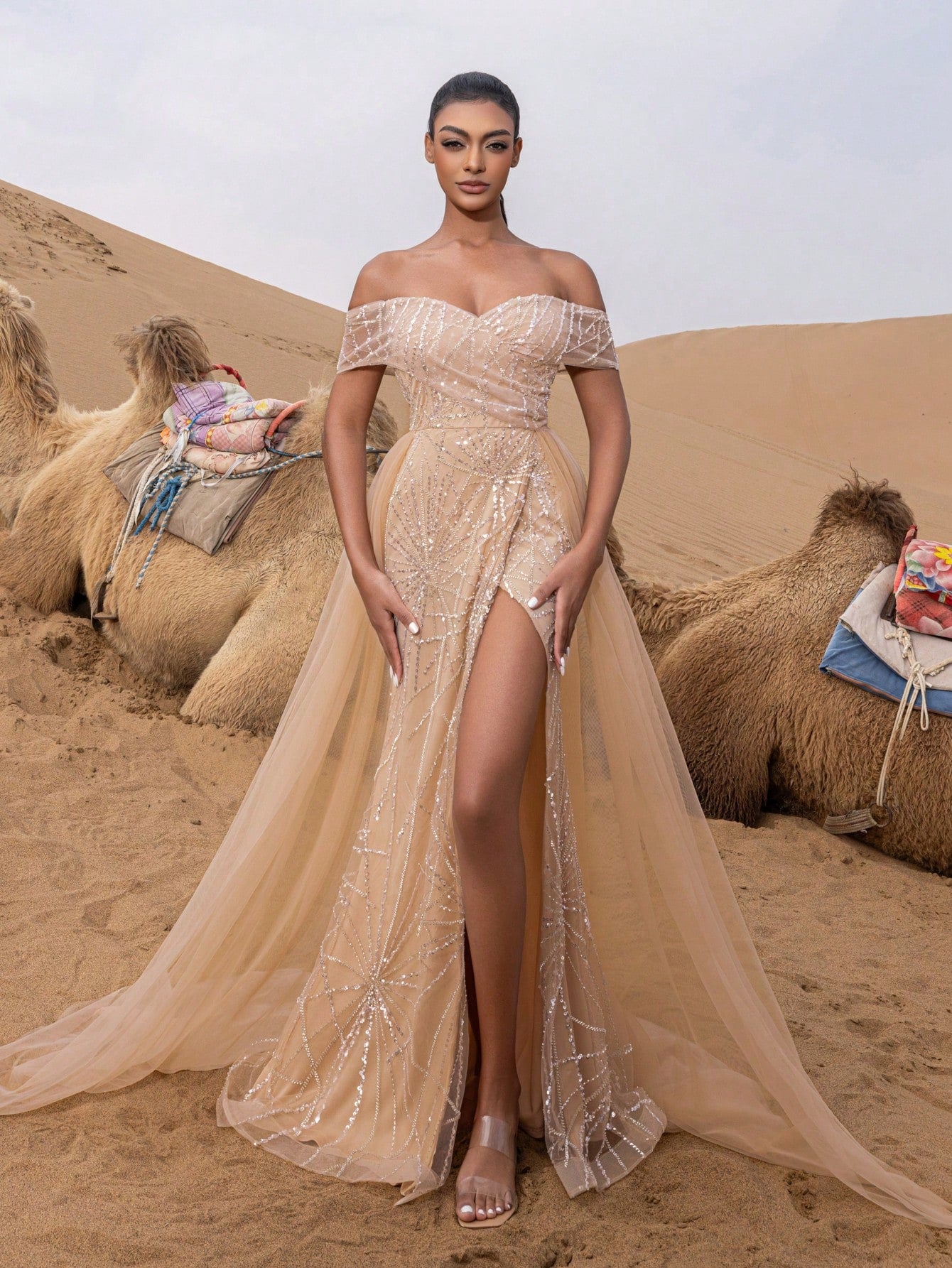 Luxury Off Shoulder Mesh Overlay Split Thigh Beaded Formal Dresses & Evening Gowns