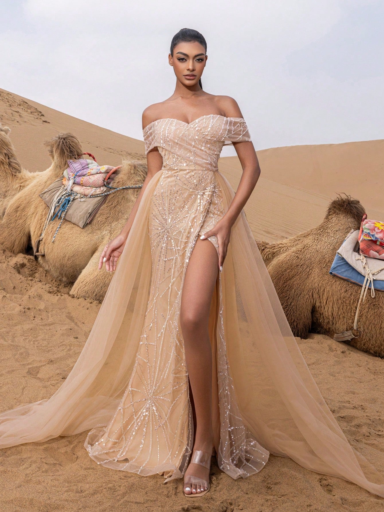 Luxury Off Shoulder Mesh Overlay Split Thigh Beaded Formal Dresses & Evening Gowns